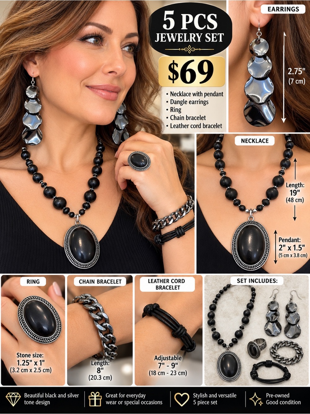 Black Bead Necklace & Earring Jewelry Set with Pendant - Brand